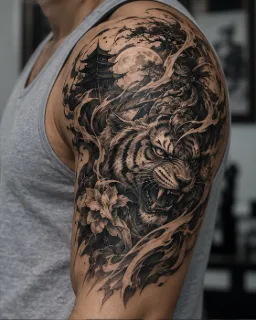 Realism tiger pagoda and moon shoulder tattoo