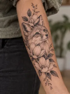 Fine line fox and floral forearm tattoo