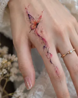 Watercolor butterfly and abstract trail hand and finger tattoo