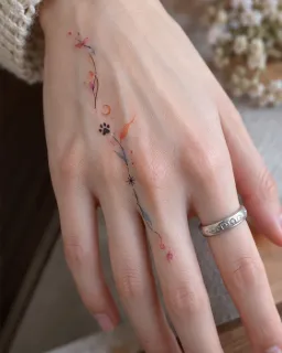 Fine line watercolor floral and paw print hand tattoo