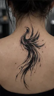 Abstract black ink phoenix upper back tattoo