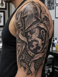 Realism knight armor and lion crest upper arm tattoo