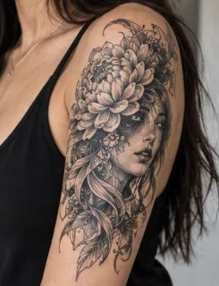 Realism portrait of a woman with flowers upper arm tattoo