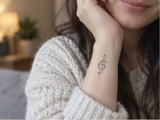 Minimalist treble clef and heart wrist tattoo