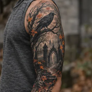 Gothic raven and cemetery gate upper arm sleeve tattoo