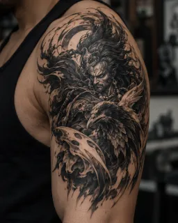 Blackwork warrior and eagle shoulder tattoo