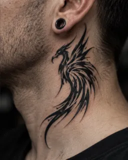 Blackwork tribal phoenix bird neck tattoo