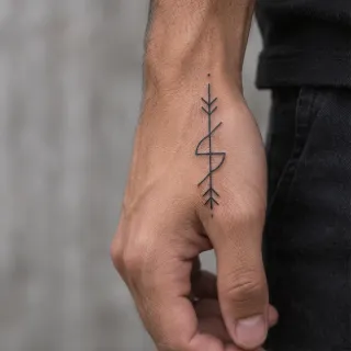Minimalist geometric arrow and symbol hand tattoo
