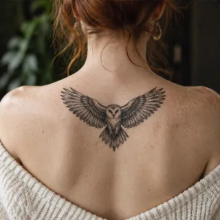Detailed black and grey owl in flight upper back tattoo