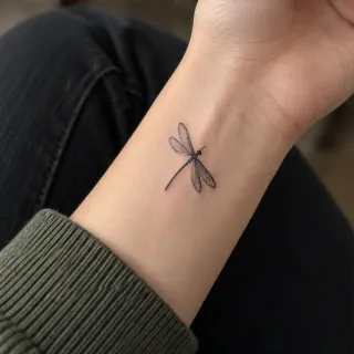 Small fine line dragonfly wrist tattoo