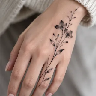 Fine line floral branch hand tattoo