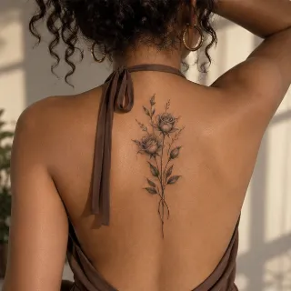 Fine line rose floral bouquet spine tattoo
