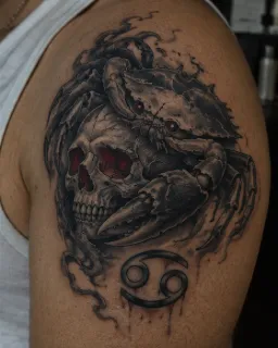 Realism skull crab and cancer zodiac symbol shoulder tattoo