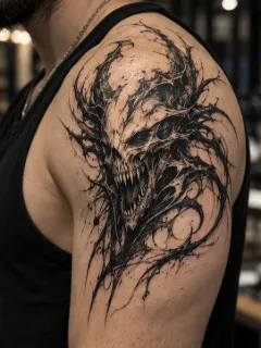Dark biomechanical skull shoulder tattoo with abstract ink splatter