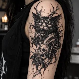 Dark surreal cat with antlers skull and flowers upper arm tattoo