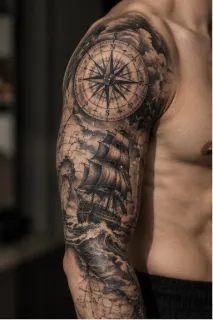 Realism compass and sailing ship upper arm tattoo
