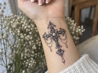 Ornate filigree cross with pearls and chains wrist tattoo