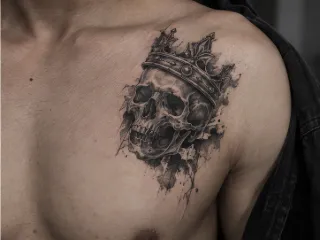 Realism skull wearing a crown chest tattoo