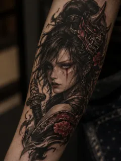 Samurai woman with hannya mask and sword forearm tattoo