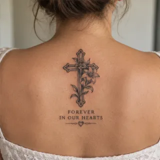 Cross and flower memorial back tattoo with lettering