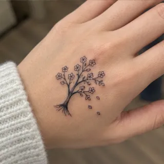 Minimalist fine line flowering tree hand tattoo