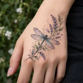Watercolor dragonfly and lavender floral hand tattoo