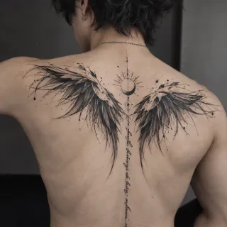 Abstract wings and moon spine tattoo with script lettering