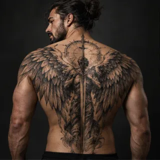 Blackwork angel with sword and compass back tattoo