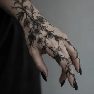 Blackwork floral vine hand and finger tattoo
