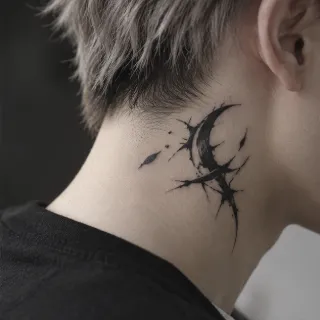 Abstract blackwork crescent moon neck tattoo