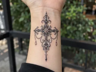 Ornate filigree cross with hanging charms wrist tattoo