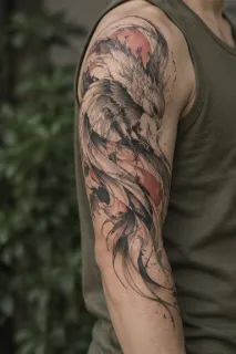 Watercolor phoenix and red sun upper arm tattoo