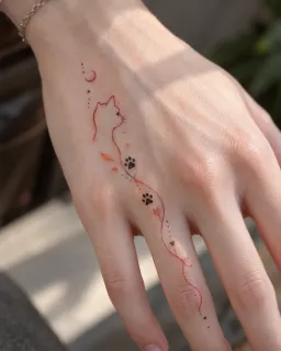 Fine line cat silhouette and paw print hand tattoo