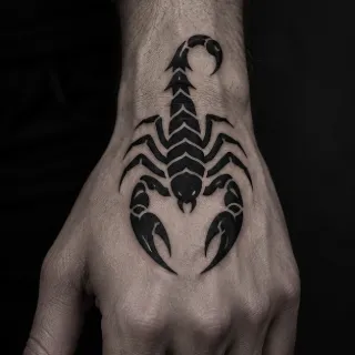 Blackwork tribal scorpion hand tattoo