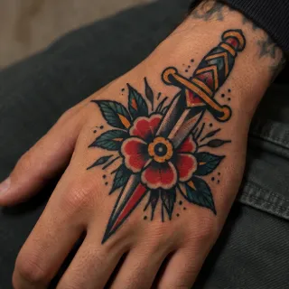 Traditional dagger and flower hand tattoo
