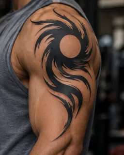 Blackwork tribal sun and swirl shoulder tattoo