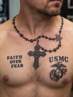 Rosary beads cross and lettering chest tattoo