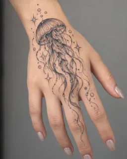 Fine line jellyfish with stars and bubbles hand tattoo