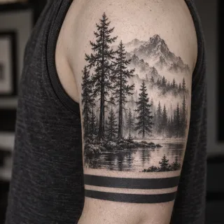 Black and grey forest mountain landscape arm tattoo
