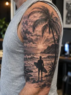 Realism beach sunset with surfer and palm tree upper arm tattoo