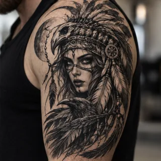 Blackwork portrait with bird skull headdress and raven shoulder tattoo