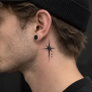 Minimalist blackwork north star and dots neck tattoo