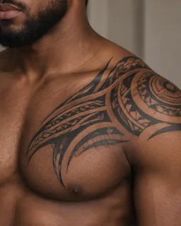 Tribal style shoulder and chest wrap tattoo