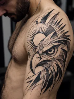 Geometric eagle and sun blackwork shoulder tattoo