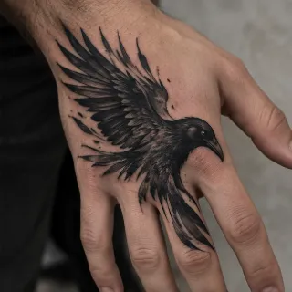 Blackwork raven bird hand tattoo