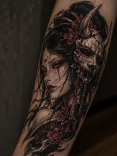 Realism portrait of woman with hannya mask and flowers tattoo