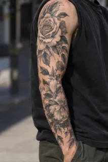 Black and grey floral rose sleeve tattoo