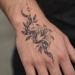 Fine line snake and lily flower hand tattoo