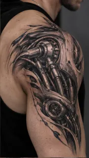 Biomechanical robotic machinery shoulder and upper arm tattoo