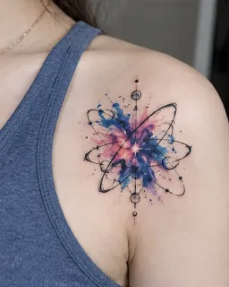 Watercolor atom and celestial orbits shoulder tattoo